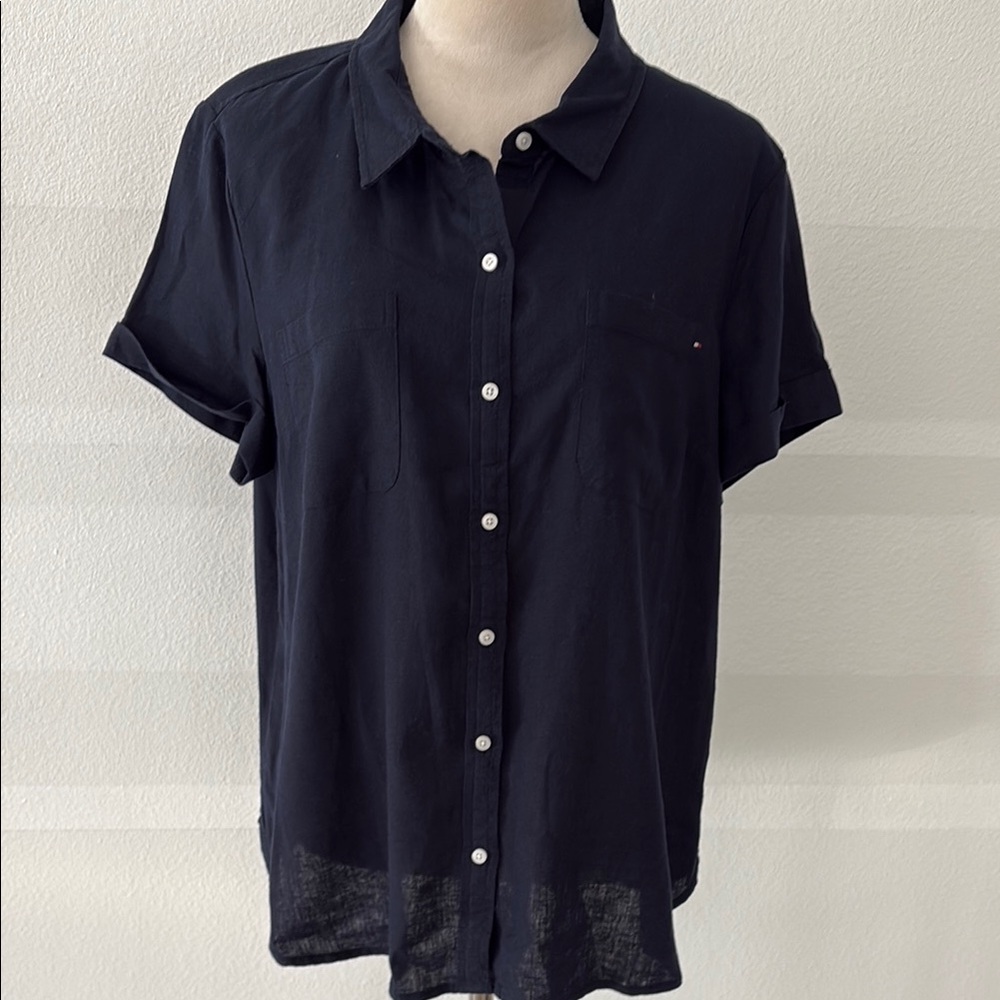 Classic Navy Linen/Viscose Button-Up Shirt
